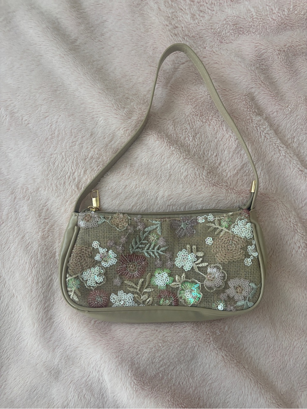 Beige Floral Sequin Shoulder Bag